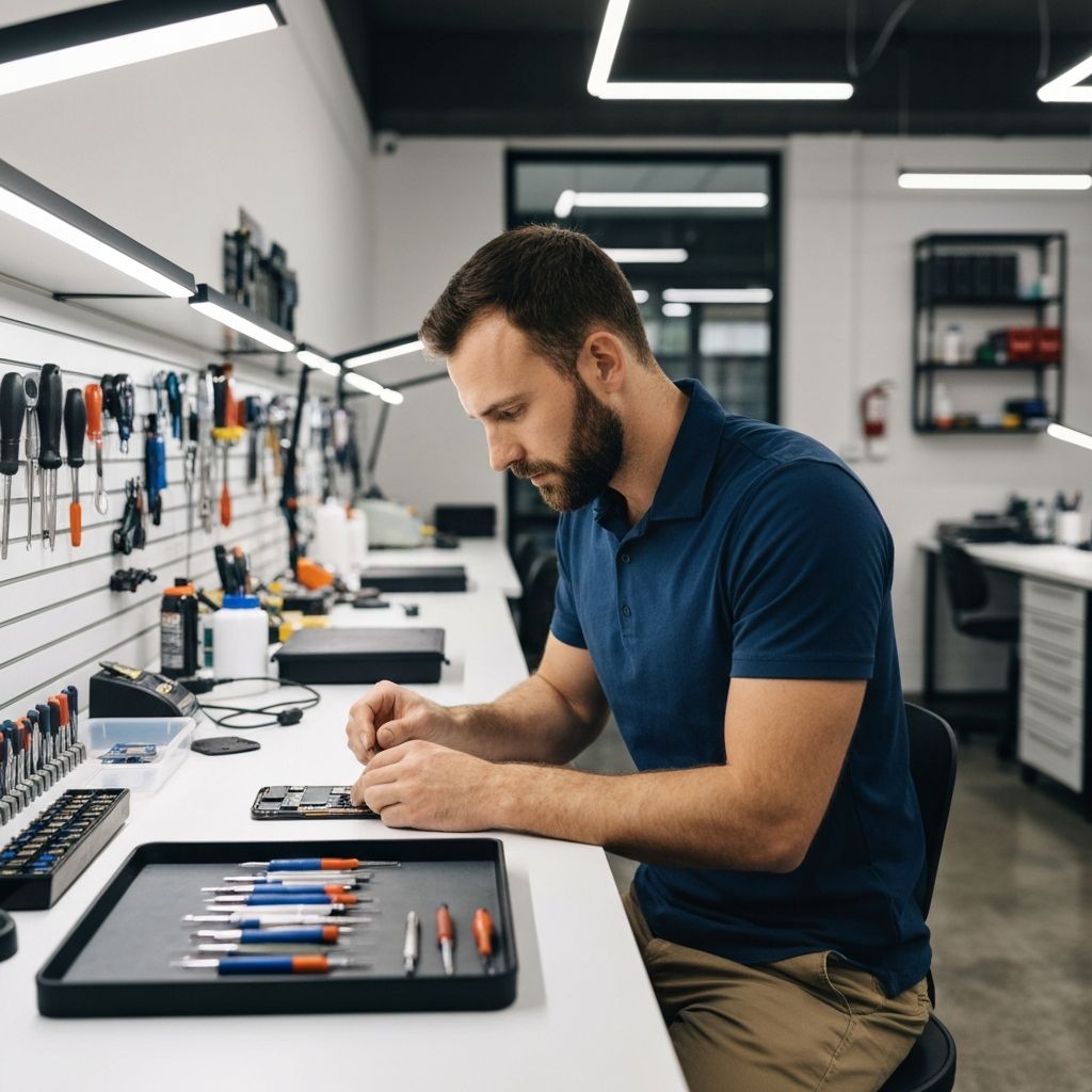 Arkan mobile repair shop interior — technician repairing a smartphone